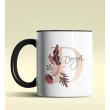 Kişiye Özel D Harfi Temalı Flowers Tasarım Siyah Renk Kupa