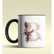 Kişiye Özel B Harfi Temalı Flowers Tasarım Siyah Renk Kupa