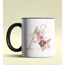 Kişiye Özel A Harfi Temalı Flowers Tasarım Siyah Renk Kupa