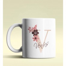 Kişiye Özel V Harfi Temalı Flowers Tasarım Beyaz Renk Kupa