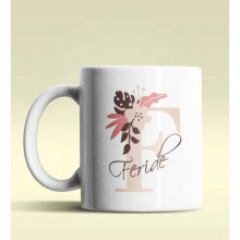 Kişiye Özel F Harfi Temalı Flowers Tasarım Beyaz Renk Kupa