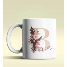 Kişiye Özel B Harfi Temalı Flowers Tasarım Beyaz Renk Kupa