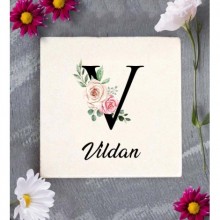 Kişiye Özel V Harfi Temalı Gül Tasarım Doğal Taş Bardak Altlığı