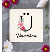 Kişiye Özel Ü Harfi Temalı Gül Tasarım Doğal Taş Bardak Altlığı