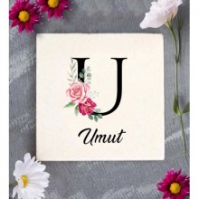 Kişiye Özel U Harfi Temalı Gül Tasarım Doğal Taş Bardak Altlığı