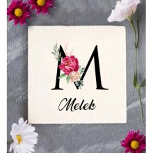 Kişiye Özel M Harfi Temalı Gül Tasarım Doğal Taş Bardak Altlığı