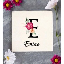 Kişiye Özel E Harfi Temalı Gül Tasarım Doğal Taş Bardak Altlığı