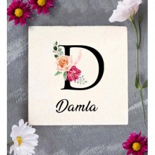 Kişiye Özel D Harfi Temalı Gül Tasarım Doğal Taş Bardak Altlığı