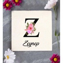 Kişiye Özel Z Harfi Temalı Çiçekli Tasarım Doğal Taş Bardak Altlığı