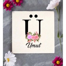 Kişiye Özel Ü Harfi Temalı Çiçekli Tasarım Doğal Taş Bardak Altlığı