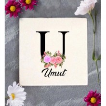 Kişiye Özel U Harfi Temalı Çiçekli Tasarım Doğal Taş Bardak Altlığı