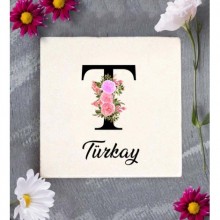 Kişiye Özel T Harfi Temalı Çiçekli Tasarım Doğal Taş Bardak Altlığı
