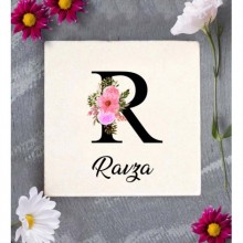 Kişiye Özel R Harfi Temalı Çiçekli Tasarım Doğal Taş Bardak Altlığı