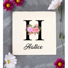 Kişiye Özel H Harfi Temalı Çiçekli Tasarım Doğal Taş Bardak Altlığı