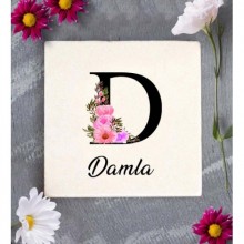 Kişiye Özel D Harfi Temalı Çiçekli Tasarım Doğal Taş Bardak Altlığı
