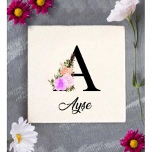 Kişiye Özel A Harfi Temalı Çiçekli Tasarım Doğal Taş Bardak Altlığı